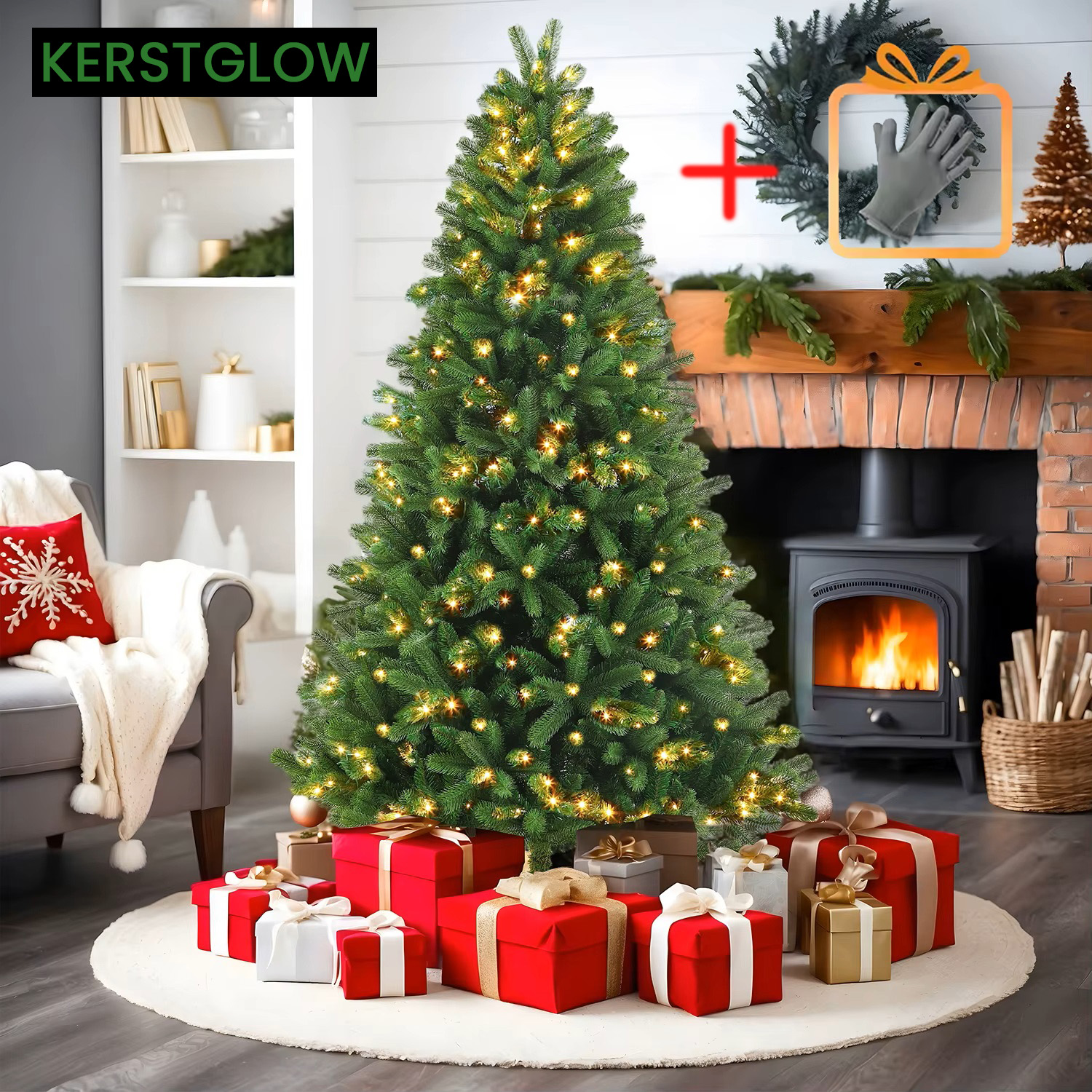 Realistische kunstkerstboom met LED-verlichting, eenvoudige montage en waterdichte verlichting. Perfect voor binnen- en buitengebruik.